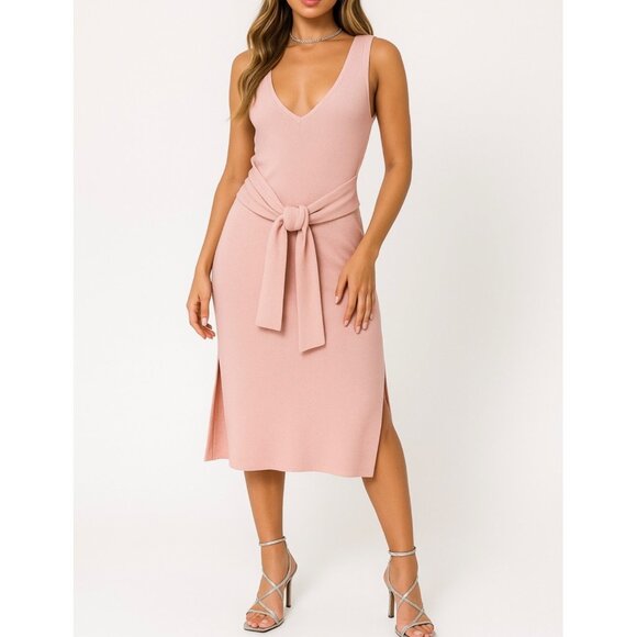 Y2K Dress M Blush Knit Bodycon Deep V Neck Sleeve Tie Waist Side Slit Night Out - Picture 1 of 16